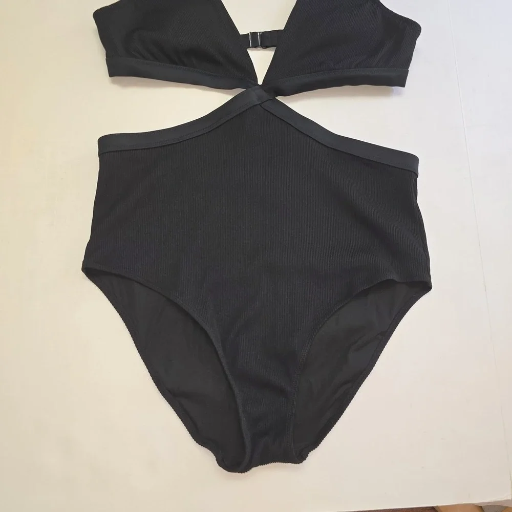 Aerie One Piece Swimsuit Size L Ribbed Mix Crossover Cut Out Black V-neck Womens